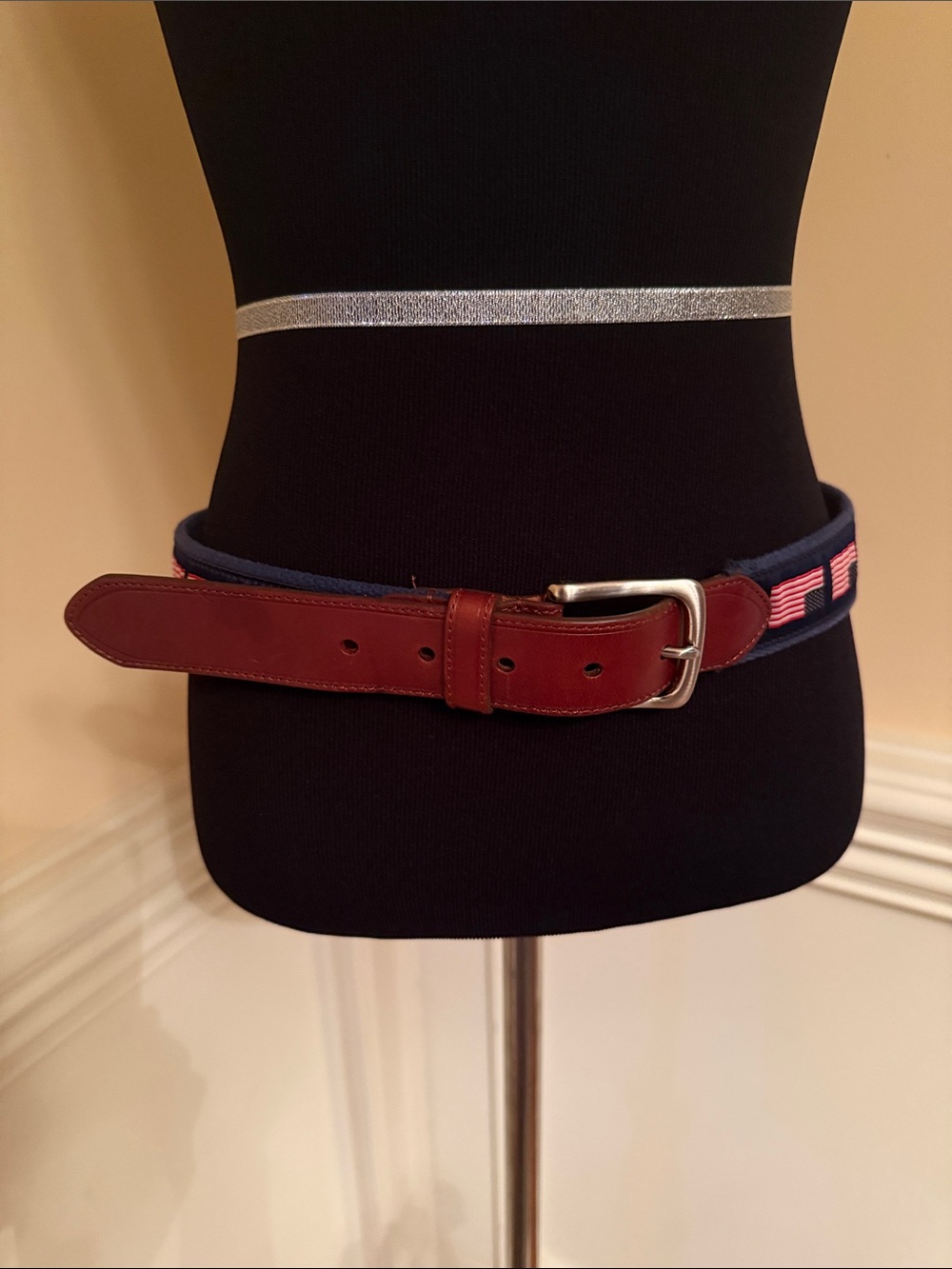 Men's‎ Brown Leather & Navy Ribbon Belt with Pink American Flag Design